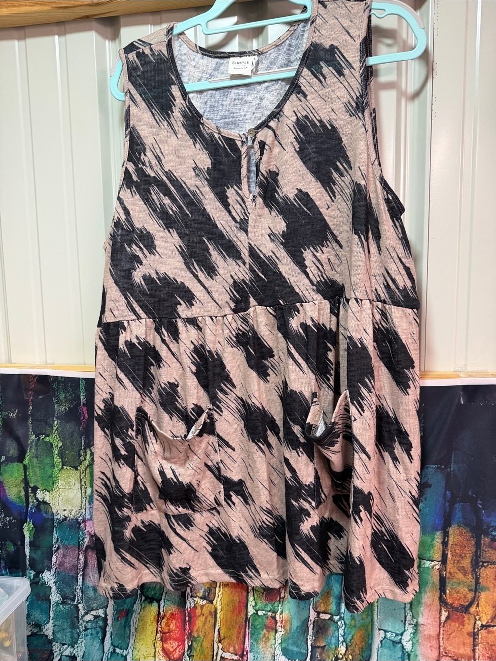 Simple Pink and Black Brushstroke Sleeveless dress front pockets